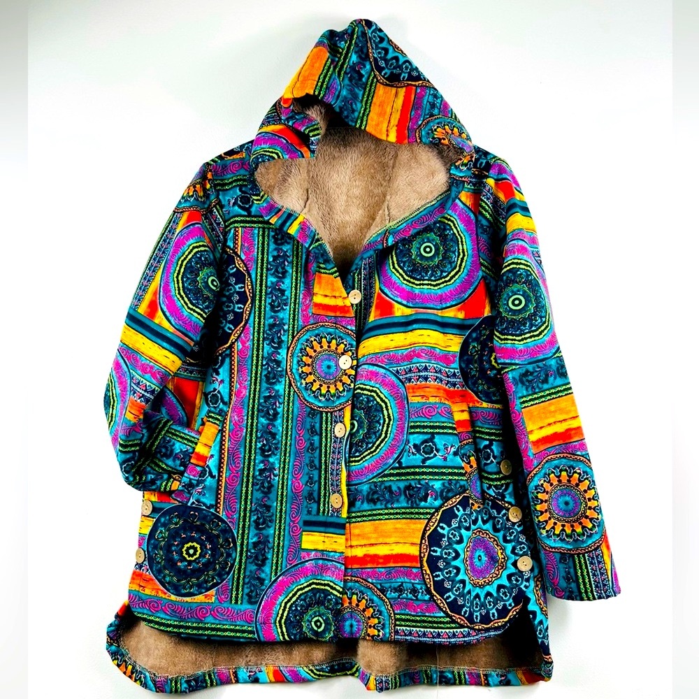 Colorful multi-coloured boho jacket with hood